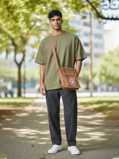 Canvas Side Sling Bag For Men & Women | Compact Messenger bag with Leather Strap on Flap Closure, Adjustable Shoulder Strap & Metal Buckle | Crossbody bag Suitable for Office