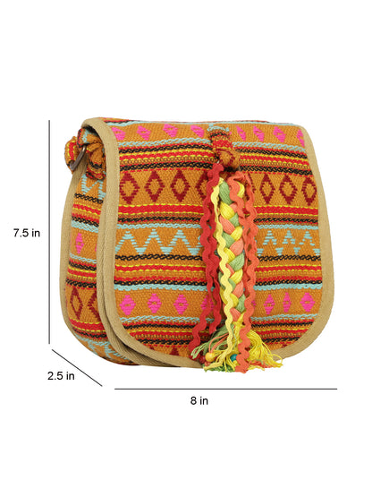 Ethnic Handloom Crossbody Sling Bag | Embellished with Tassels and Trims. Flap Closure with a Snap Button | Internal Zip Pocket | Multicolour side Crossbody Bag for Women | Handmade.