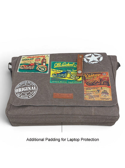 Distressed Cotton Canvas Messenger Bag for Men and Women | Printed Crossbody Sling Bag With Laptop Compartment (Upto 15.6 Inch), Broad Adjustable Straps