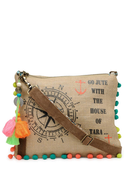 The House of tara Casual Jute Purse For Women | Small Crossbody Sling Bag with Tassels, Zip Pocket & Removable Shoulder Strap | Printed Aesthetic Foldable Ladies Purse Handbag (Brown)
