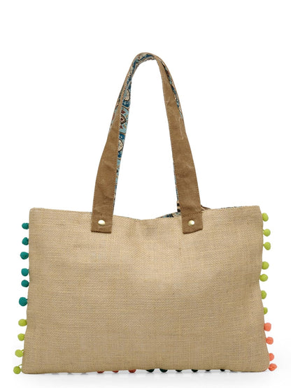 The House of tara Jute Tote Handbag | Brown Beige Printed Shoulder Bag | Tassel Embellished | Magnetic Closure | Zipper Compartment | Casual Bag for College, Office & Daily Use | For Women (Beige 3)