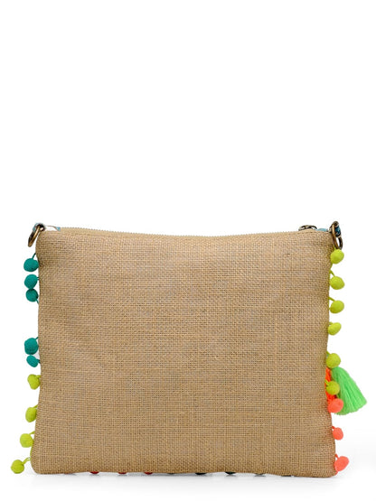 The House of tara Casual Jute Purse For Women | Small Crossbody Sling Bag with Tassels, Zip Pocket & Removable Shoulder Strap | Printed Aesthetic Foldable Ladies Purse Handbag (Brown 2)