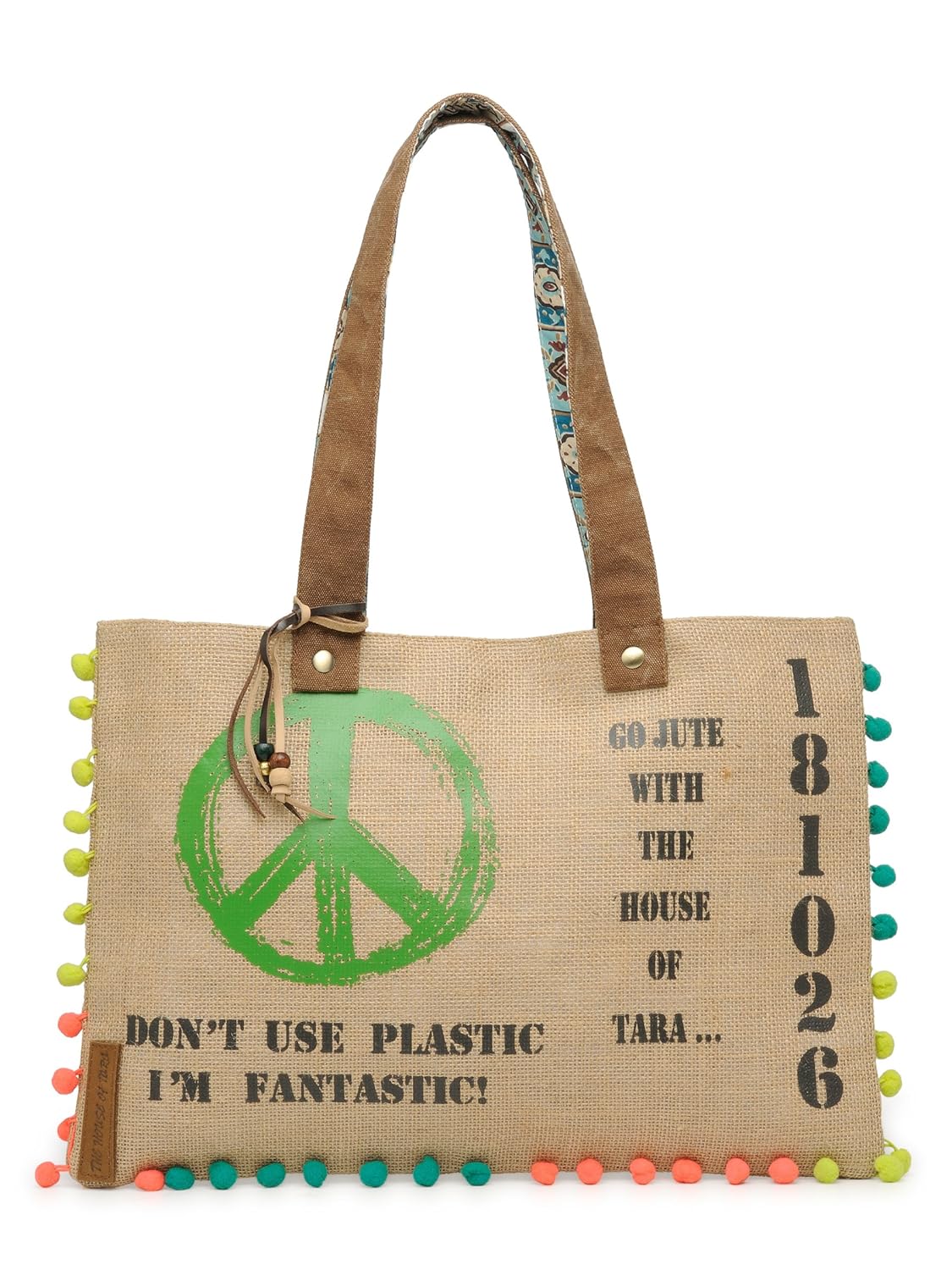The House of tara Jute Tote Handbag | Brown Beige Printed Shoulder Bag | Tassel Embellished | Magnetic Closure | Zipper Compartment | Casual Bag for College, Office & Daily Use | For Women (Beige 2)