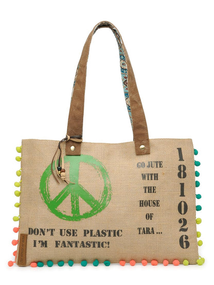 The House of tara Jute Tote Handbag | Brown Beige Printed Shoulder Bag | Tassel Embellished | Magnetic Closure | Zipper Compartment | Casual Bag for College, Office & Daily Use | For Women (Beige 2)