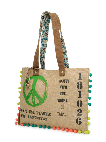 The House of tara Jute Tote Handbag | Brown Beige Printed Shoulder Bag | Tassel Embellished | Magnetic Closure | Zipper Compartment | Casual Bag for College, Office & Daily Use | For Women (Beige 2)