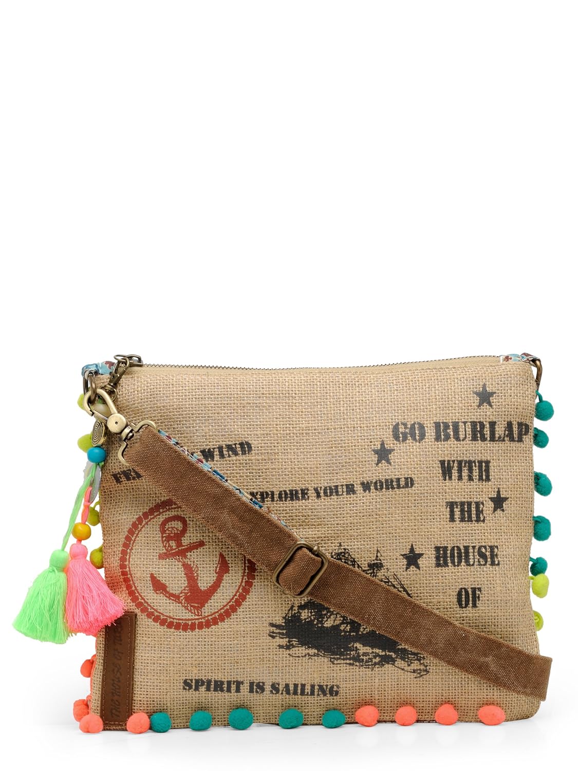 The House of tara Casual Jute Purse For Women | Small Crossbody Sling Bag with Tassels, Zip Pocket & Removable Shoulder Strap | Printed Aesthetic Foldable Ladies Purse Handbag (Brown 2)