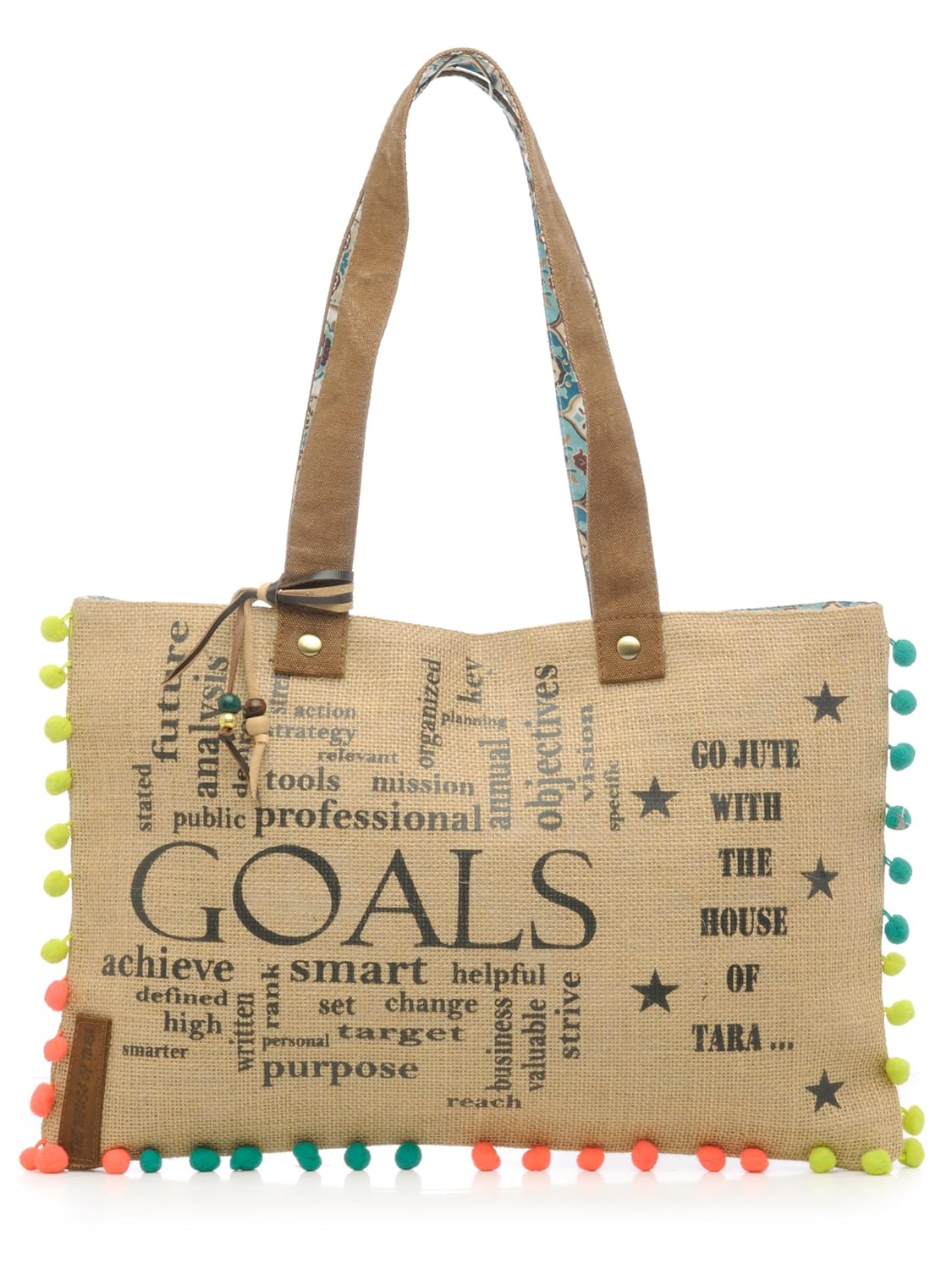 The House of tara Jute Tote Handbag | Brown Beige Printed Shoulder Bag | Tassel Embellished | Magnetic Closure | Zipper Compartment | Casual Bag for College, Office & Daily Use | For Women (Beige 1)