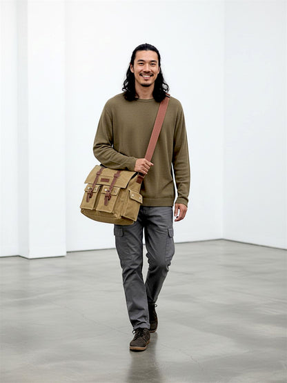 Canvas Messenger bags Large | Cotton Sling One Side Shoulder Bags for Men & Women with Adjustable Crossbody strap, Padded Partition & 4 External Pockets