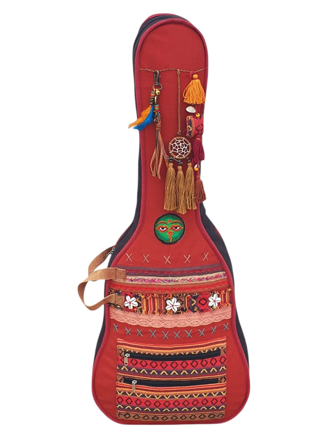 Cotton Canvas Acoustic Guitar Bag Cover | Unisex |  Inner Lining | Adjustable Padded Straps | Dream Catch Tassel Embellished | Padded Guitar Case | Dual Zip Pocket | Maroon