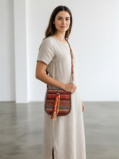 Ethnic Handloom Crossbody Sling Bag | Embellished with Tassels and Trims. Flap Closure with a Snap Button | Internal Zip Pocket | Multicolour side Crossbody Bag for Women | Handmade.