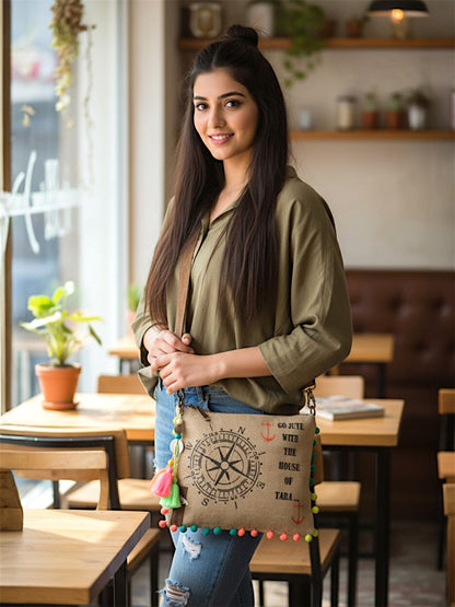 Casual Jute Purse For Women | Small Crossbody Sling Bag with Tassels, Zip Pocket & Removable Shoulder Strap | Printed Aesthetic Foldable Ladies Purse Handbag (Brown)