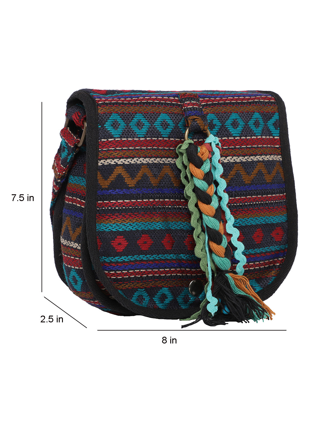 Ethnic Handloom Crossbody Sling Bag | Embellished with Tassels and Trims. Flap Closure with a Snap Button | Internal Zip Pocket | Multicolour side Crossbody Bag for Women | Handmade.