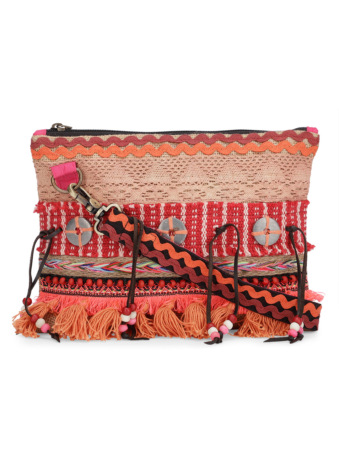 Cross Body Sling Bag with Embellishments and Tassels/Trims | Internal Zip Pocket | Jute Crossbody Bag in Multi Colour with Zip Closure | Handmade.