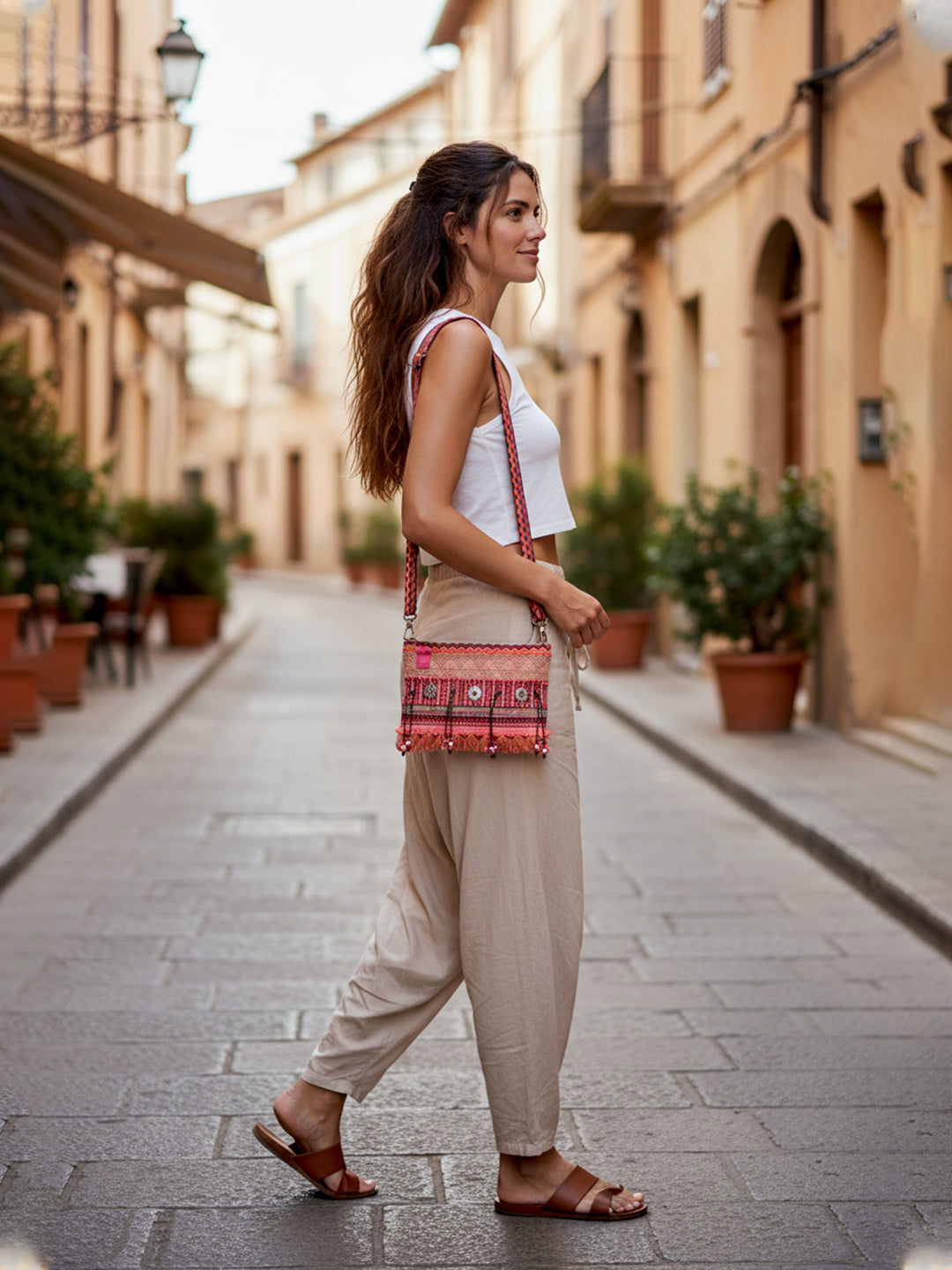 Cross Body Sling Bag with Embellishments and Tassels/Trims | Internal Zip Pocket | Jute Crossbody Bag in Multi Colour with Zip Closure | Handmade.