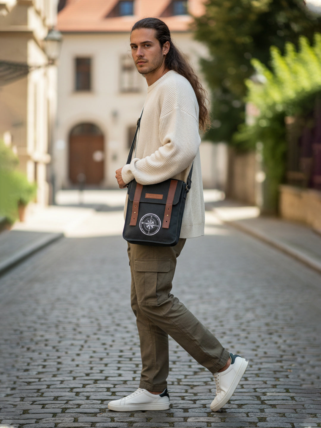Canvas Side Sling Bag For Men & Women | Compact Messenger bag with Leather Strap on Flap Closure, Adjustable Shoulder Strap & Metal Buckle | Crossbody bag Suitable for Office