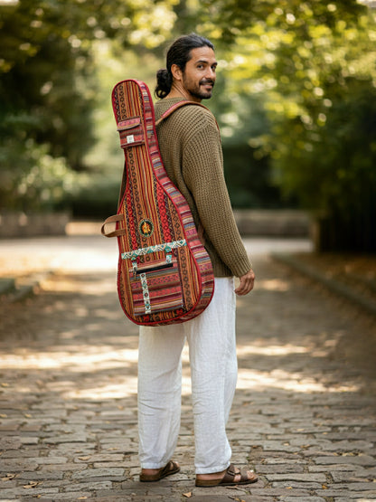 Ethnic Handloom Fabric Acoustic Guitar Bag Cover for Men and Women | Modern Guitar Case |  Inner Lining | Adjustable Straps | Padded Protection | Zip Pocket |