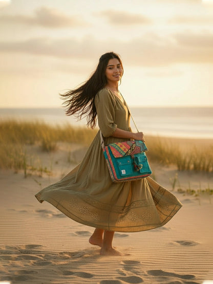 Messenger Bags for Women | Teal Laptop Messenger Bag made with Canvas | Fits up to 15.6 Inches Laptop/MacBook | Ladies Crossbody Sling Bag Comes with 2 External Pockets
