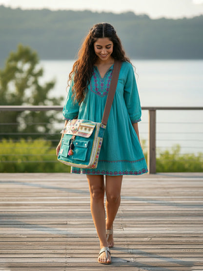 Messenger Bags for Women | Teal Laptop Messenger Bag made with Canvas | Fits up to 15.6 Inches Laptop/MacBook | Ladies Crossbody Sling Bag Comes with 2 External Pockets