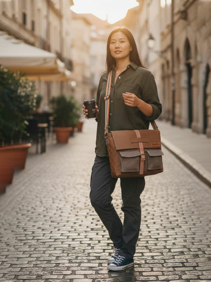 Canvas Messenger Sling Bag For Men & Women | Side Cross Body bag with Leather Strap on Flap Closure, Adjustable Shoulder Strap & 2 External Pockets | Suitable for Office