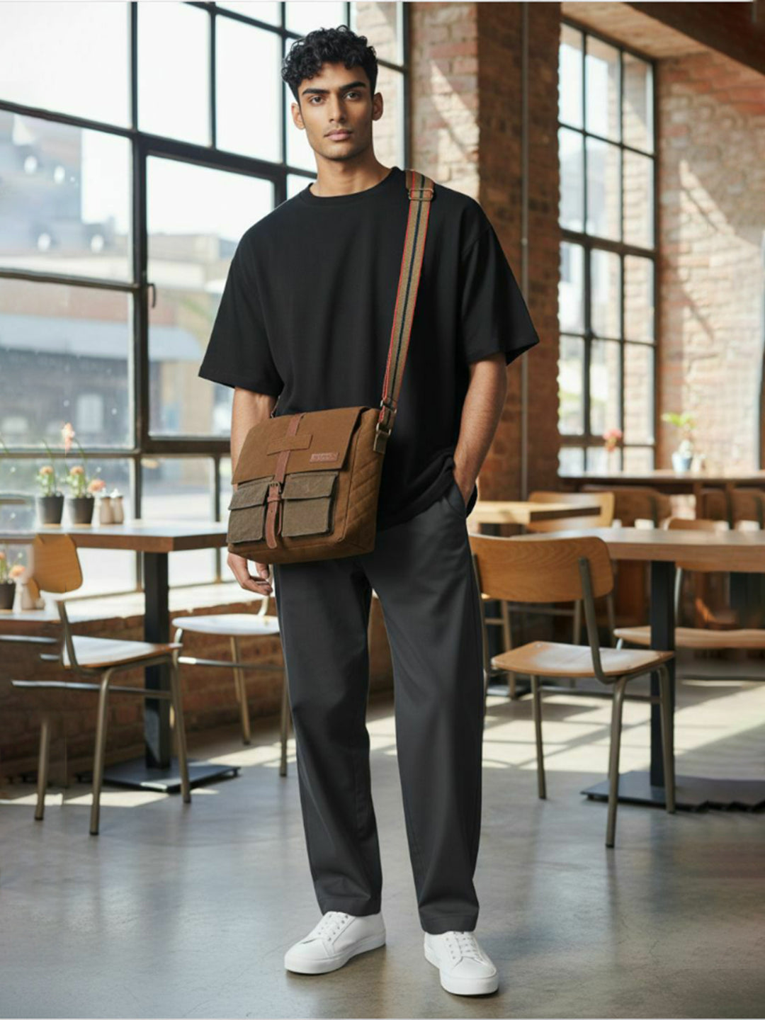 Canvas Messenger Sling Bag For Men & Women | Side Cross Body bag with Leather Strap on Flap Closure, Adjustable Shoulder Strap & 2 External Pockets | Suitable for Office