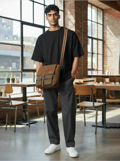 Canvas Messenger Sling Bag For Men & Women | Side Cross Body bag with Leather Strap on Flap Closure, Adjustable Shoulder Strap & 2 External Pockets | Suitable for Office