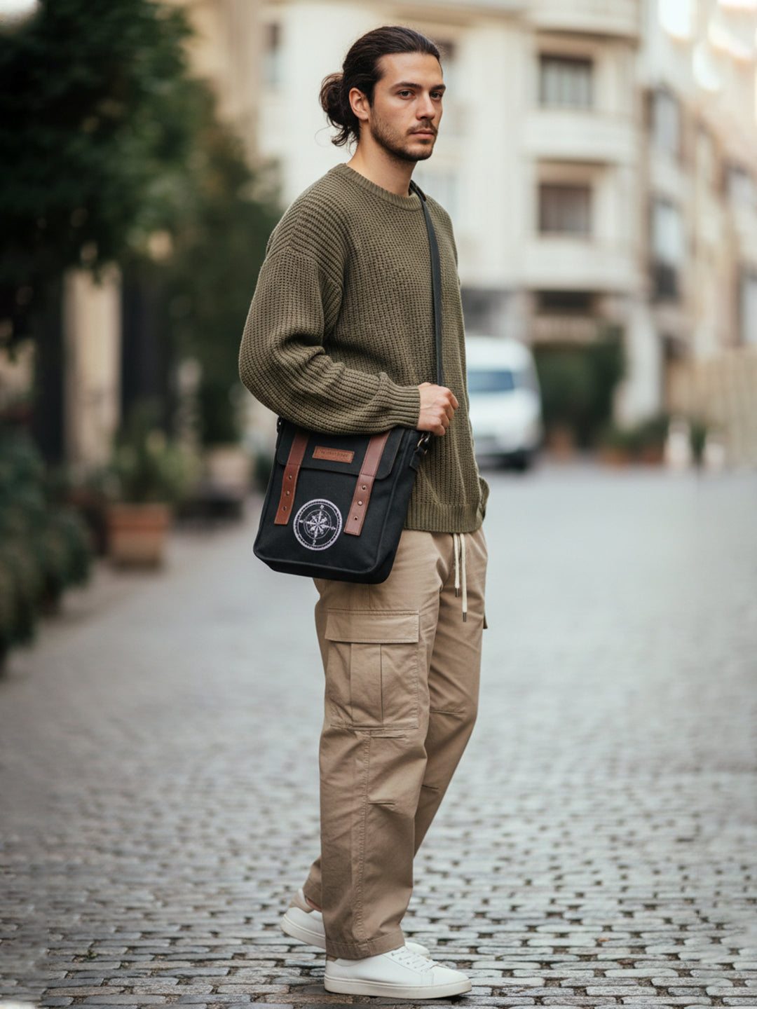 Canvas Side Sling Bag For Men & Women | Compact Messenger bag with Leather Strap on Flap Closure, Adjustable Shoulder Strap & Metal Buckle | Crossbody bag Suitable for Office