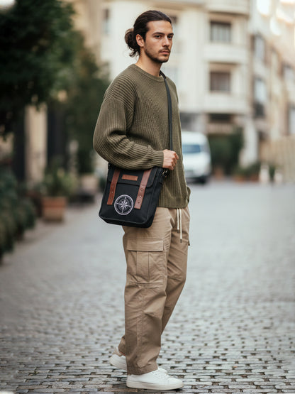 Canvas Side Sling Bag For Men & Women | Compact Messenger bag with Leather Strap on Flap Closure, Adjustable Shoulder Strap & Metal Buckle | Crossbody bag Suitable for Office
