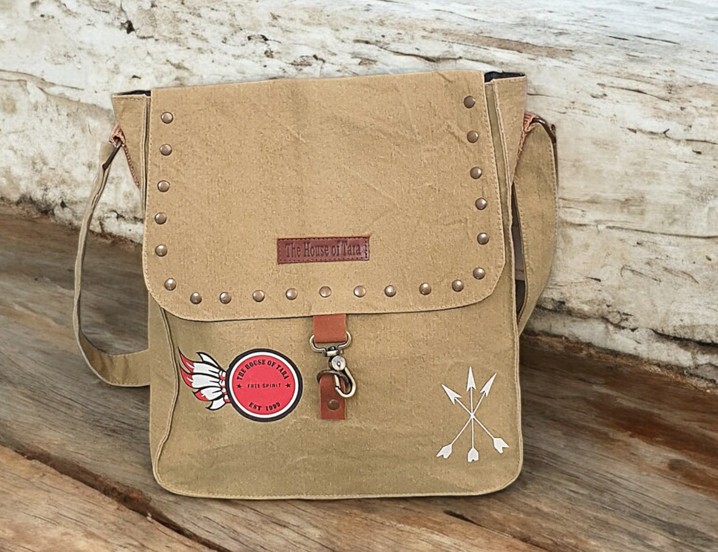 Canvas Crossbody Messenger Bag for Men & Women | Side Bag Fits Mobile & Tablets | Ideal For Office & Travel | Beige Embellished Cotton Compact Messenger Business Bag for ladies