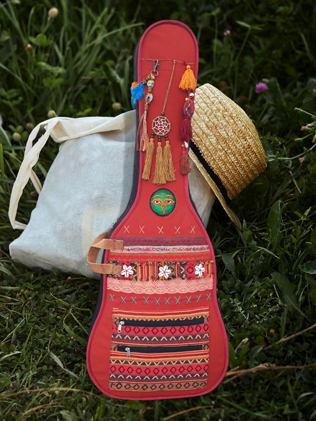 Cotton Canvas Acoustic Guitar Bag Cover | Unisex |  Inner Lining | Adjustable Padded Straps | Dream Catch Tassel Embellished | Padded Guitar Case | Dual Zip Pocket | Maroon