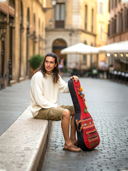 Cotton Canvas Acoustic Guitar Bag Cover | Unisex |  Inner Lining | Adjustable Padded Straps | Dream Catch Tassel Embellished | Padded Guitar Case | Dual Zip Pocket | Maroon